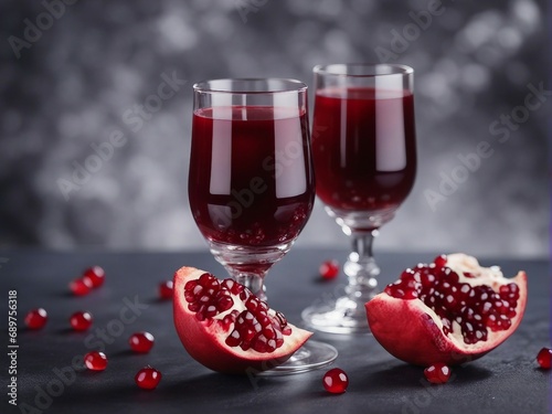 organic pomegranate and pomegranate juice in glass, decorative dark stone background