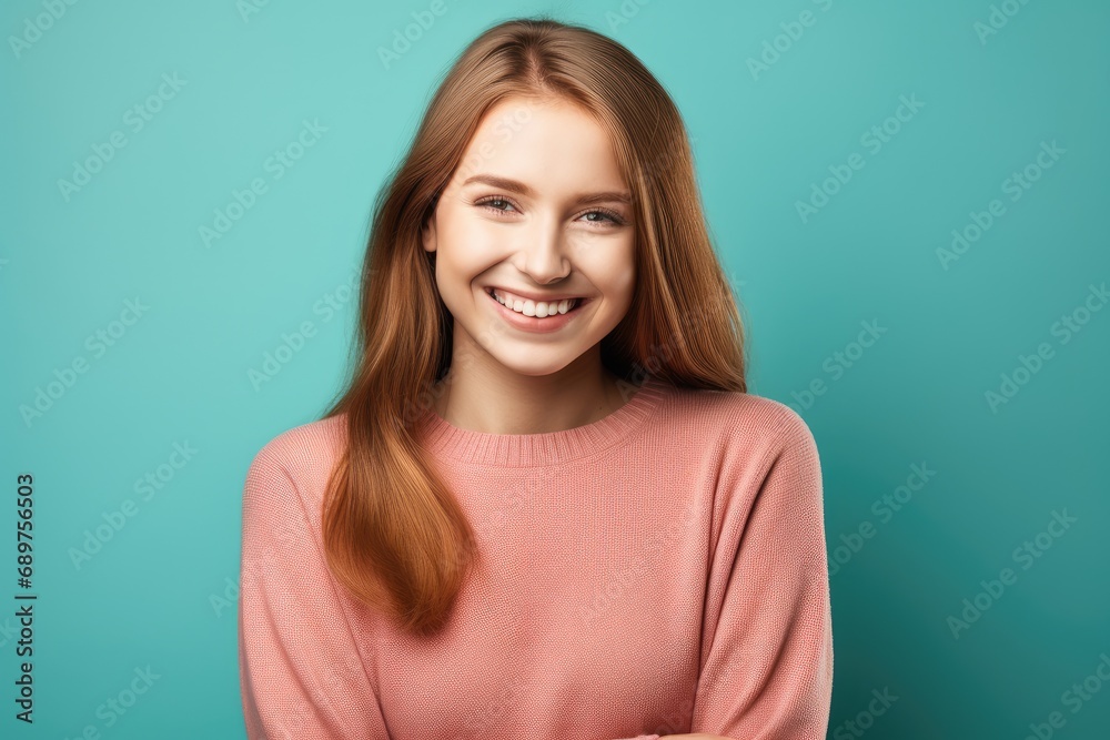 Happy caucasian young girl standing on light blue background. Smiling woman wearing warm peach sweater, winter fashion portrait. Cold season fashion. Sales and discount concept with copy space Happy caucasian young girl standing on light blue background. Smiling woman wearing warm peach sweater, winter fashion portrait. Cold season fashion. Sales and discount concept with copy space