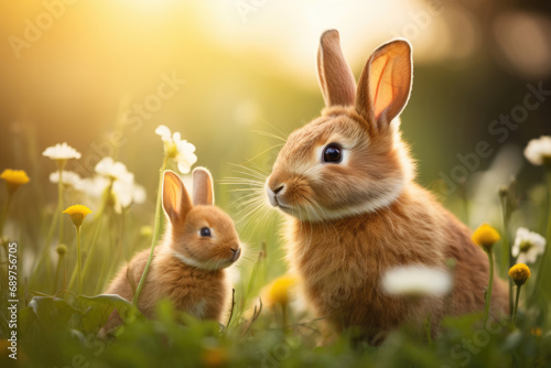 Cute mother and baby bunny rabbits in the grass photo