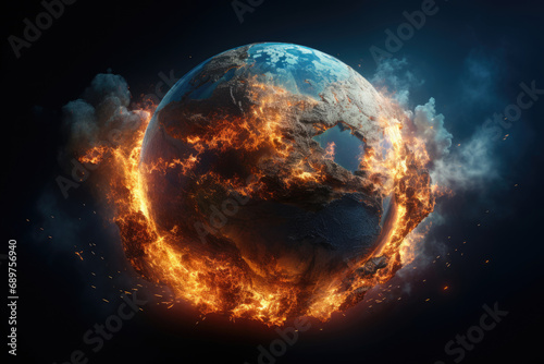 Burning planet earth after global disaster