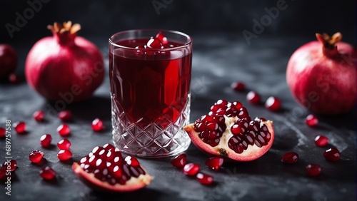 organic pomegranate and pomegranate juice in glass, decorative dark stone background

