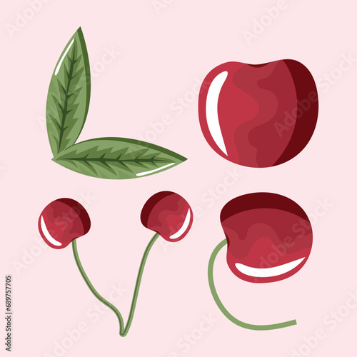 the inscription Love, the letters of which are illustrated with red, juicy cherries and leaves from under a cherry tree
