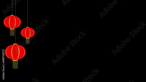 Golden animated geometric patterns and red Chinese lanterns on a black background with copy space