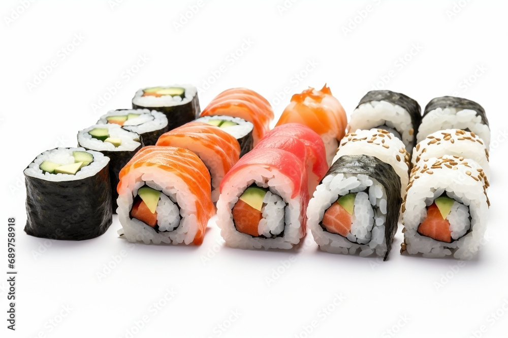 Various kinds of sushi on a white background Various kinds of sushi on a white background