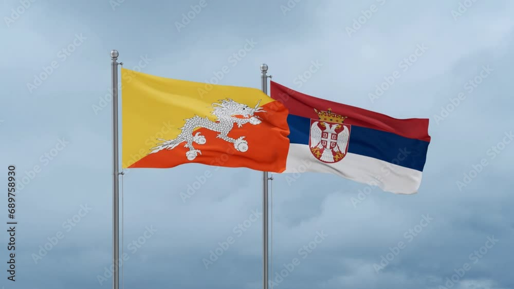Republic of Serbia and Bhutan flag waving together on cloudy sky, endless seamless loop, two country cooperation concept Republic of Serbia and Bhutan flag waving together on cloudy sky, endless seamless loop, two country cooperation concept