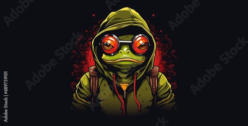 a logo design of frog showcase charismatic, frog on a black background