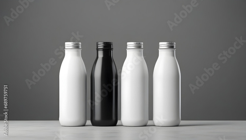 Milk bottle mock up on gray background. 3d rendering. Generative AI
