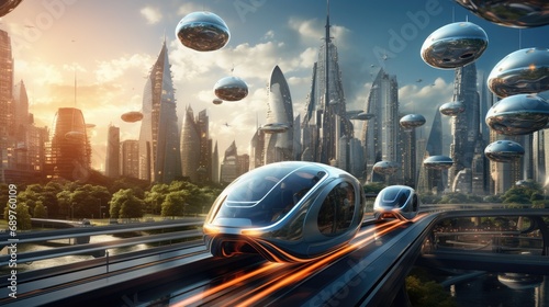 Futuristic vehicles of the sustainable city of the future. Innovation. Futuristic vehicles. Creative architecture, vehicles, cities, creative buildings. #689760109