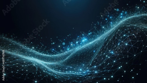 Blue abstract background with a cyber network grid and connected particles,global data connections concept.