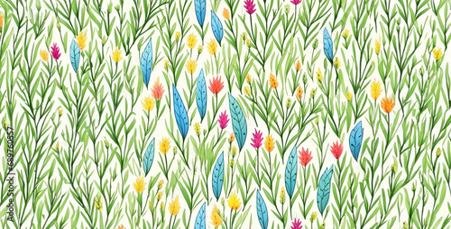 a textile Spring nature grass pattern in sketch aquarelle, pattern with colorful flowers, colorful flowers