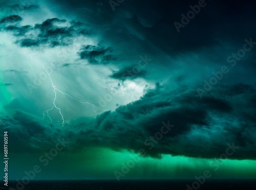 Greenish stormy sky with clouds and thunders background © D'Arcangelo Stock