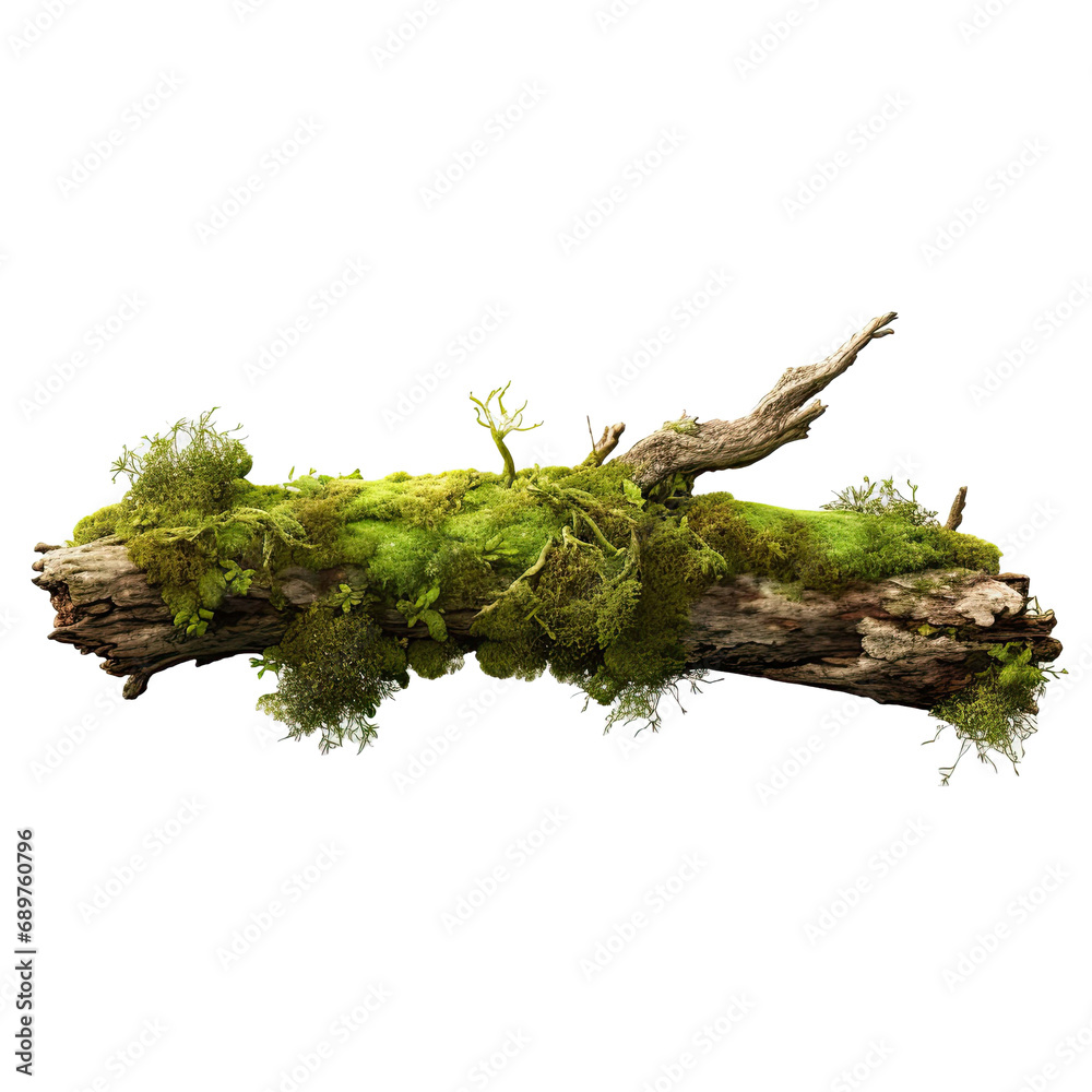 Fototapeta premium Fresh green moss on rotten tree Isolated on transparent background 
