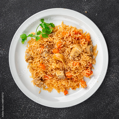 rice pilaf meat tasty fresh pork meat eating cooking appetizer meal food snack on the table copy space food background rustic top view