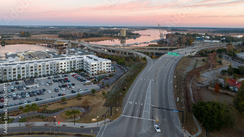 Aerial view of downtown Wilmington during sunrise.