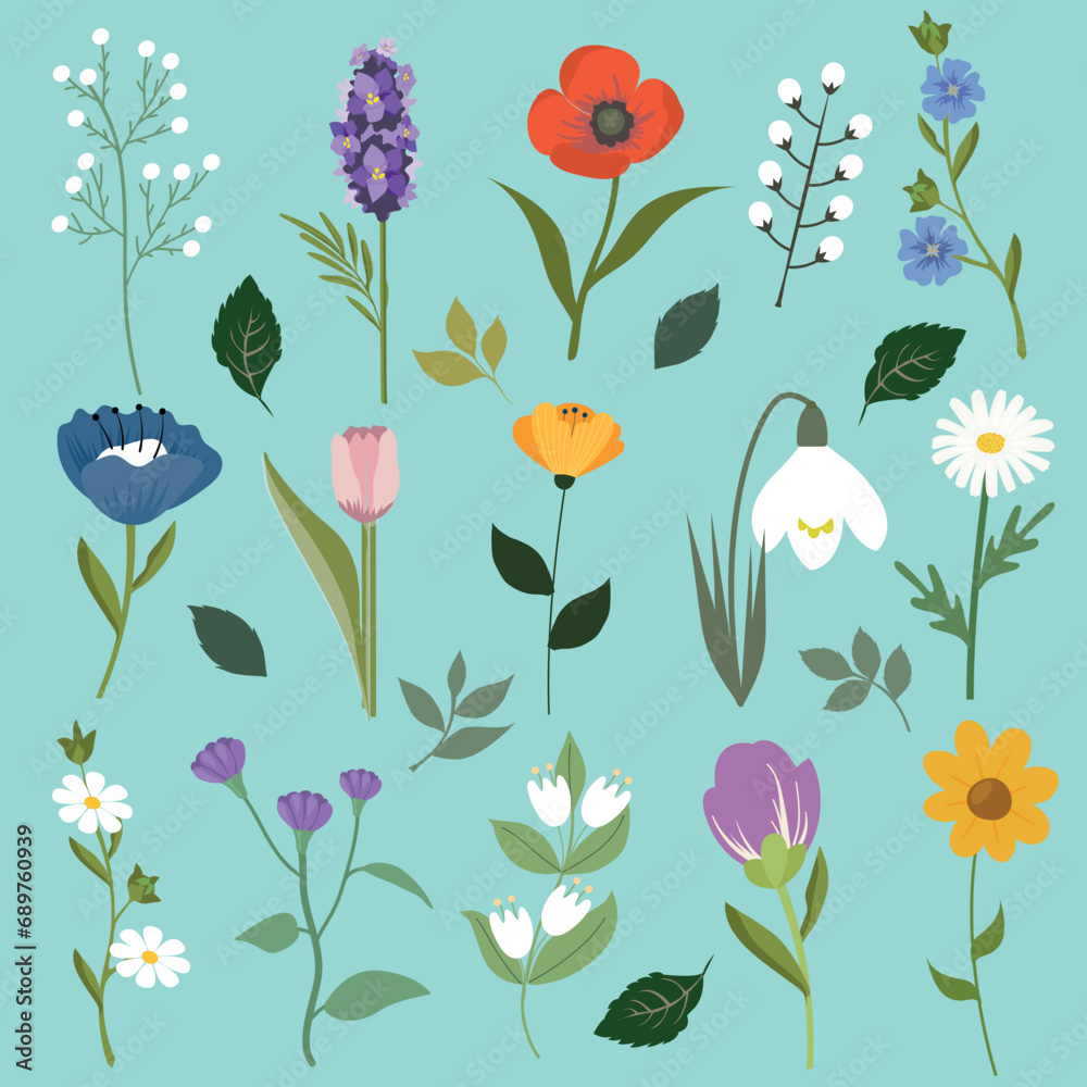 Set of floral elements. Cut garden and field blooms, blossomed spring summer plants arrangements. Nature decoration. Flat graphic vector illustration isolated