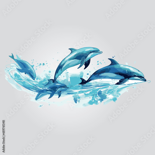 A line of merchandise featuring jumping dolphins, such as T-shirts, mugs, and posters. A portion of the proceeds could go towards marine conservation effort vector illustrations