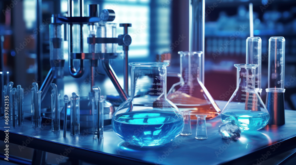 Chemical laboratory with test tubes, flasks filled with blue liquid, and scientific equipment Chemical laboratory with test tubes, flasks filled with blue liquid, and scientific equipment