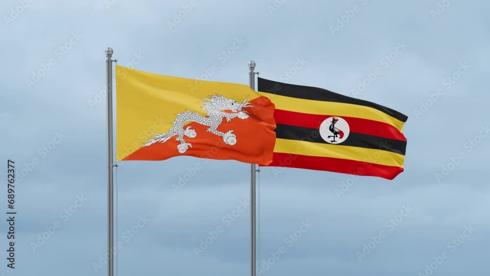 Republic of Uganda and Bhutan flag waving together on cloudy sky, endless seamless loop, two country cooperation concept Republic of Uganda and Bhutan flag waving together on cloudy sky, endless seamless loop, two country cooperation concept