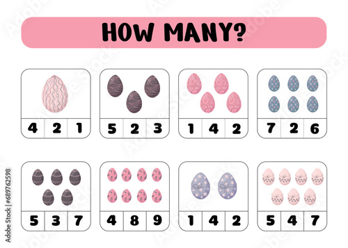 How many easter eggs.Educational mathematical game. Count the number of easter eggs. Counting game for children. Vector illustration