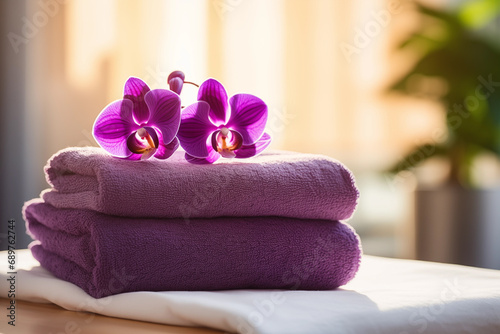 An orchid branch on a purple towels. Copy space.