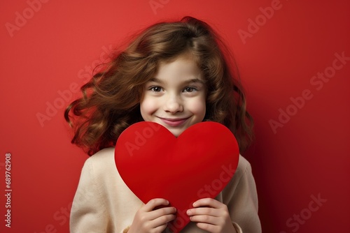 Portrait of a cute little girl with red heart on Valentines day concept. © Rudsaphon
