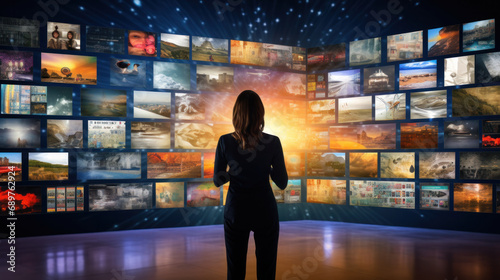 Woman marvels at a vast display of streaming content on a wall of smart TVs, showcasing the digital age