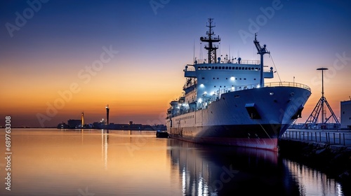 navire de commerce à quai au moment du soleil couchant