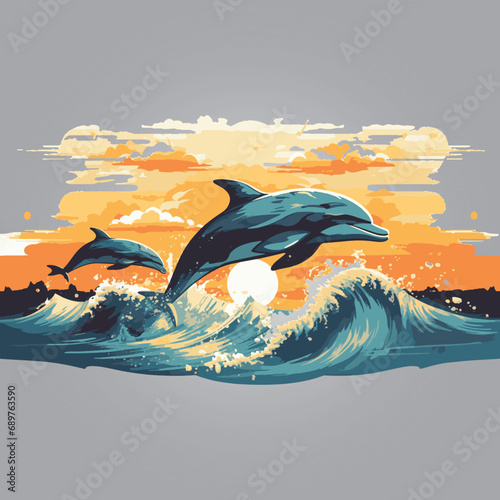 A line of merchandise featuring jumping dolphins, such as T-shirts, mugs, and posters. A portion of the proceeds could go towards marine conservation effort vector illustrations