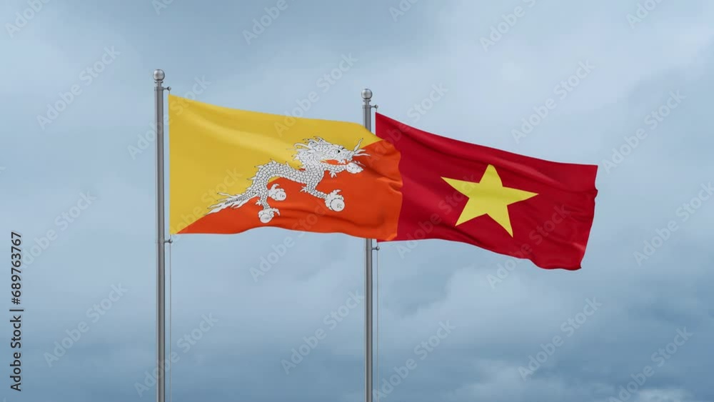 Vietnam and Bhutan flag waving together on cloudy sky, endless seamless loop Vietnam and Bhutan flag waving together on cloudy sky, endless seamless loop