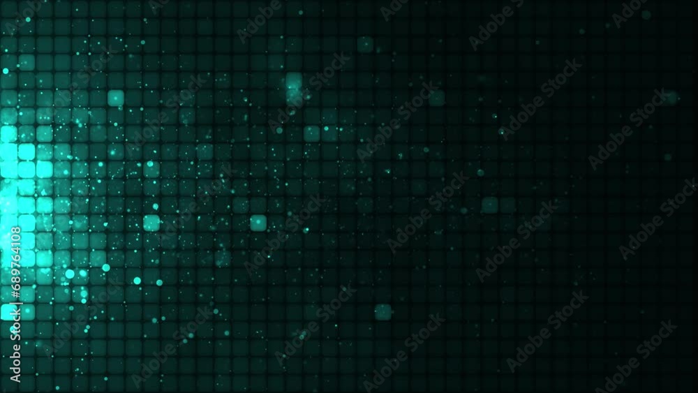 Abstract Bright mosaic. Abstract turquoise LED background with motion dots. Technology digital square color background. Green pixel background. Animation of a geometric design element. 4K animation.