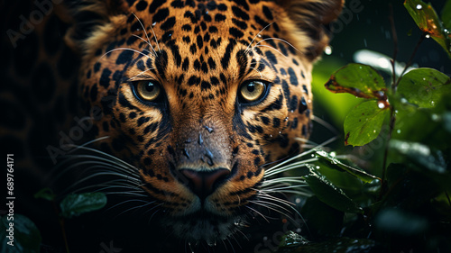 Jaguar with green eyes stalking prey detailed vegetation and waterfall in amazon rainforest background  cinematic shoot  ultrareal  morning light