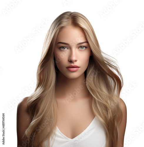 Beautiful girl with long and healthy hair, isolated on white background, healthy hair concept, realistic illustration, generative ai