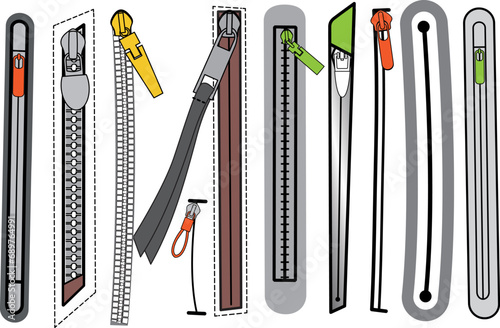 Zip fastener with Zipper puller flat sketch vector illustrator. Set of water proof invisible Zip pocket types for Shorts, Pants, dress garments, bags, jackets Clothing and Accessories photo