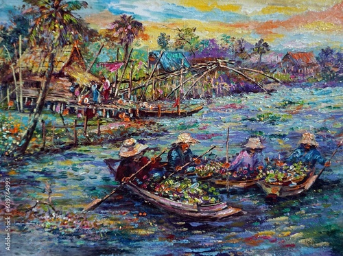 Hand drawn Art painting Oil color Floating market background design from thailand