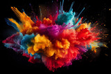 Beautiful powder explosion in all directions with vivid colors and black background. Paint holi, Colorful rainbow holi paint splash. Generation Ai