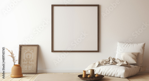 Mock up of empty photo frame  mediation corner  cusions  natural light  comfy  rug  tea  book  pen and paper