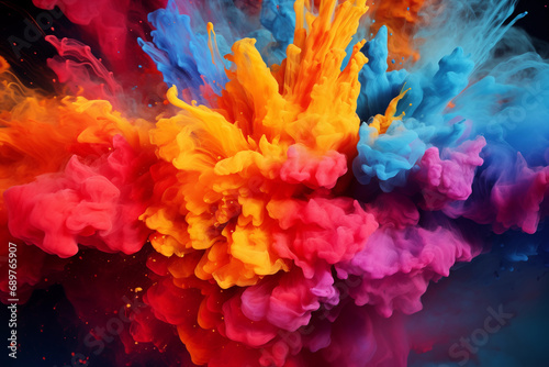 Beautiful powder explosion in all directions with vivid colors and black background. Paint holi, Colorful rainbow holi paint splash. Generation Ai © Анатолий Савицкий