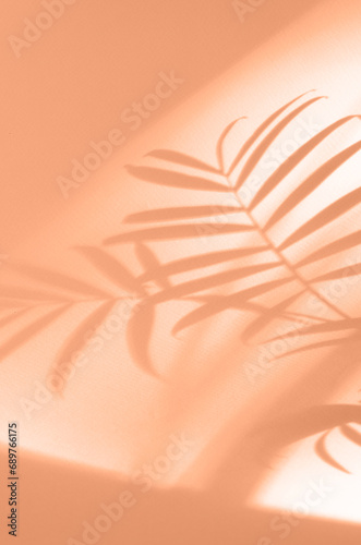 Botanical velvety gentle peach tone peach fuzz background with shadow of palm leaves. Sunlight and shadows template design.