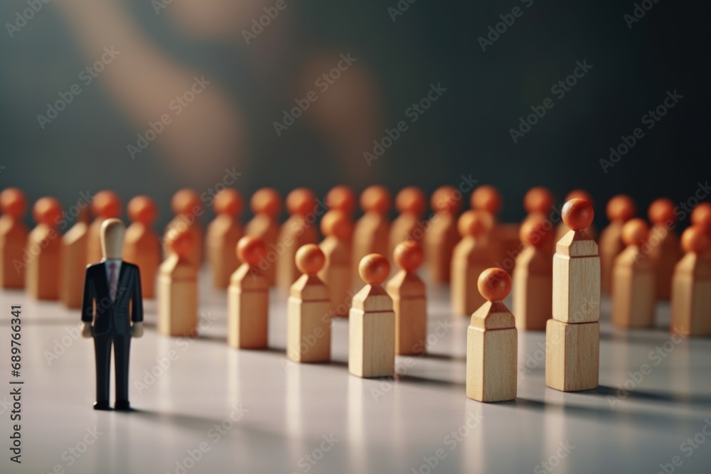 A man standing in front of a group of wooden people. Suitable for business, leadership, teamwork, or individuality concepts A man standing in front of a group of wooden people. Suitable for business, leadership, teamwork, or individuality concepts