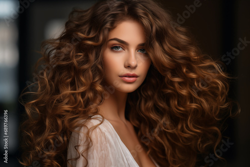 Portrait of a beautiful girl with brown long hair and beautiful hairstyle. Fashion and beauty. AI generative.