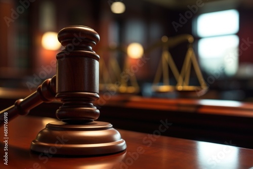 A wooden gavel sitting on top of a wooden table. Ideal for legal or judicial concepts