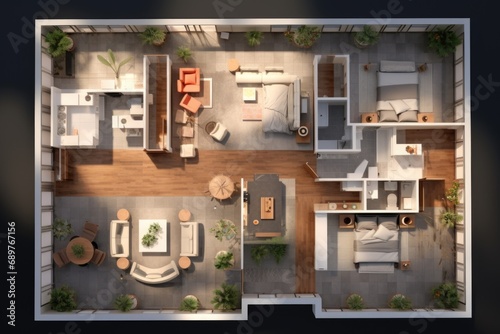 An overhead view of a living room and dining room. Can be used for interior design inspiration
