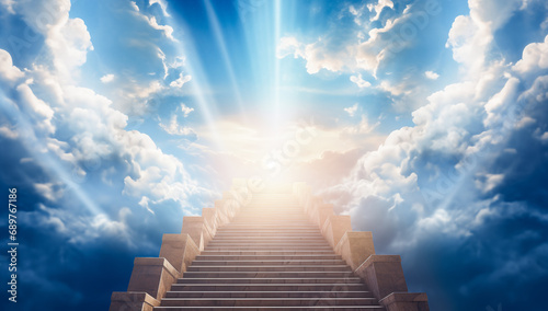 A staircase leading up to a bright light in the sky with fluffy white clouds. The light is shining down on the staircase and is the focal point. Hope and ascension mood.