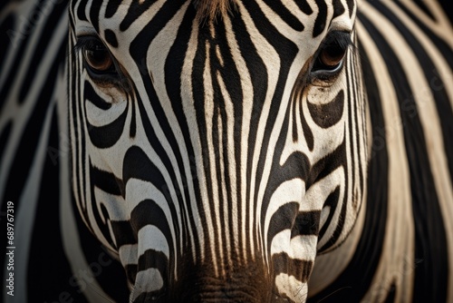 A detailed close-up view of a zebra's face. Can be used for educational purposes or in wildlife-themed designs