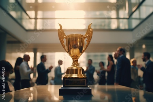 A golden trophy sitting on top of a glass table. Perfect for recognizing achievements and success. Suitable for corporate presentations, award ceremonies, and business-related projects