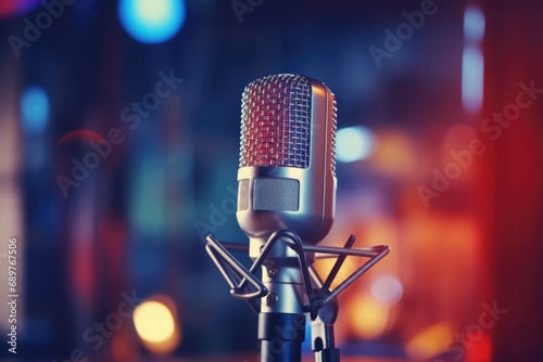 A microphone with a red light in the background. Ideal for music, podcasting, and broadcasting projects