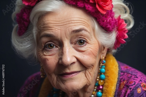 A close-up portrait of a beautiful made-up fashionable elderly gray-haired woman wearing bright multicolored clothes and looking at the camera on a black background.
