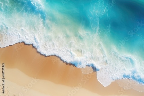 A beautiful aerial view of a beach with a surfboard. Perfect for travel brochures or website banners