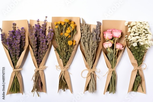 A bunch of flowers wrapped in brown paper. Suitable for various occasions and events