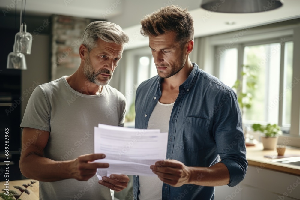 Two men standing together in a kitchen. This image can be used to depict friendship, cooking, or home activities Two men standing together in a kitchen. This image can be used to depict friendship, cooking, or home activities